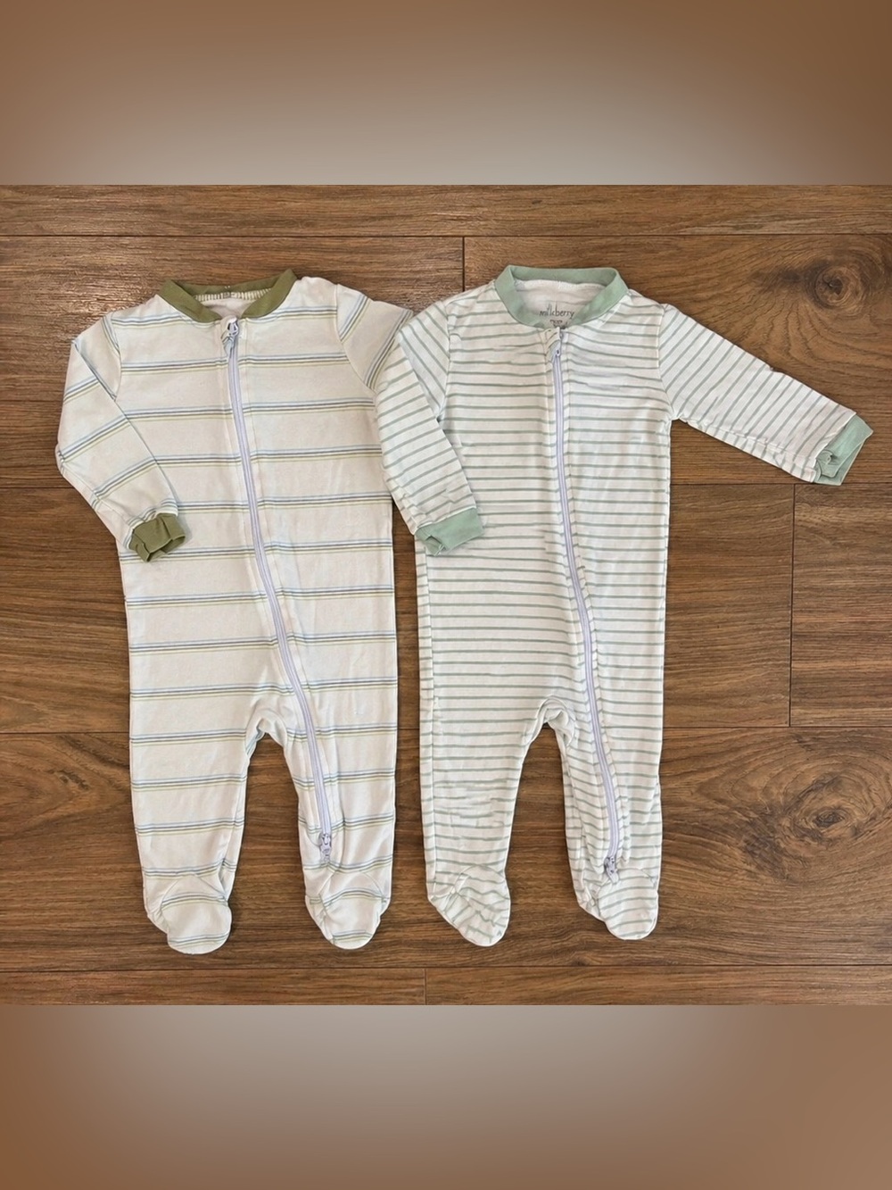 Milkberry Mint & White Striped Footed One-Piece Zipper Sleepsuit